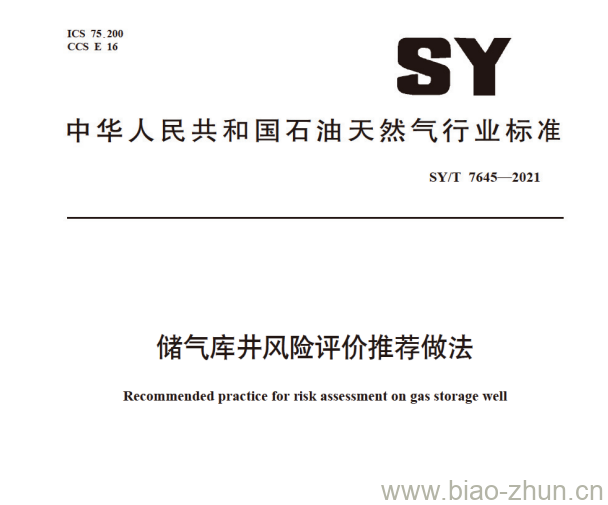SY/T 7645—2021 储气库井风险评价推荐做法 SY/T 7645—2021 储气库井风险评价推荐做法