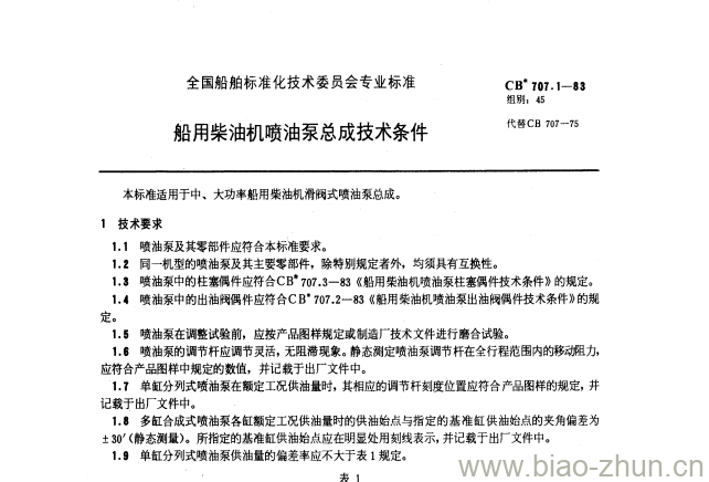 CB 707.1-83 船用柴油机喷油泵总成技术条件 CB 707.1-83 船用柴油机喷油泵总成技术条件
