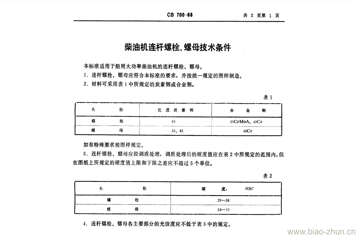CB 700-68 柴油机连杆螺栓、螺母技术条件 CB 700-68 柴油机连杆螺栓、螺母技术条件