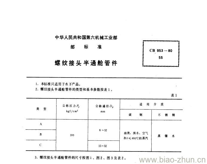 CB 953-80 螺纹接头半通舱管件 CB 953-80 螺纹接头半通舱管件